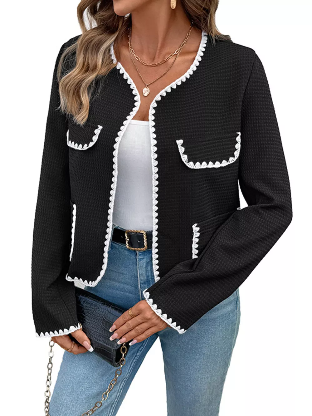 Contrast Trim Open Front Jacket, image 2