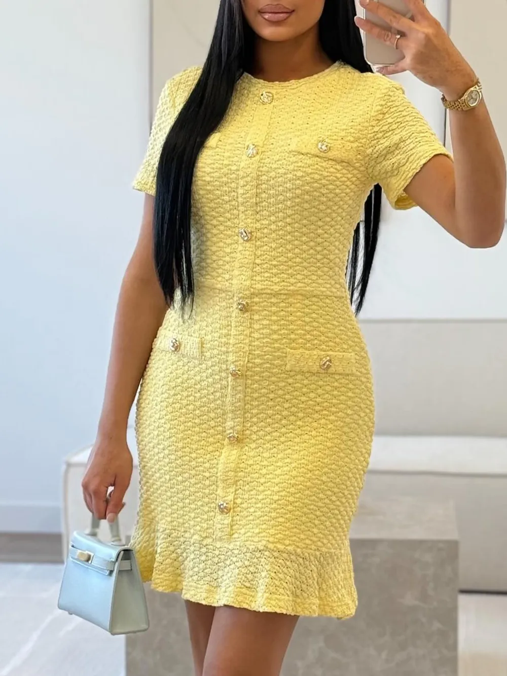 Button-Front Short Sleeve Textured Dress, image 11