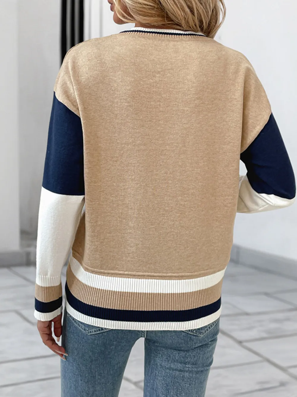 Color Block Round Neck Sweater with Ribbed Trim, image 5