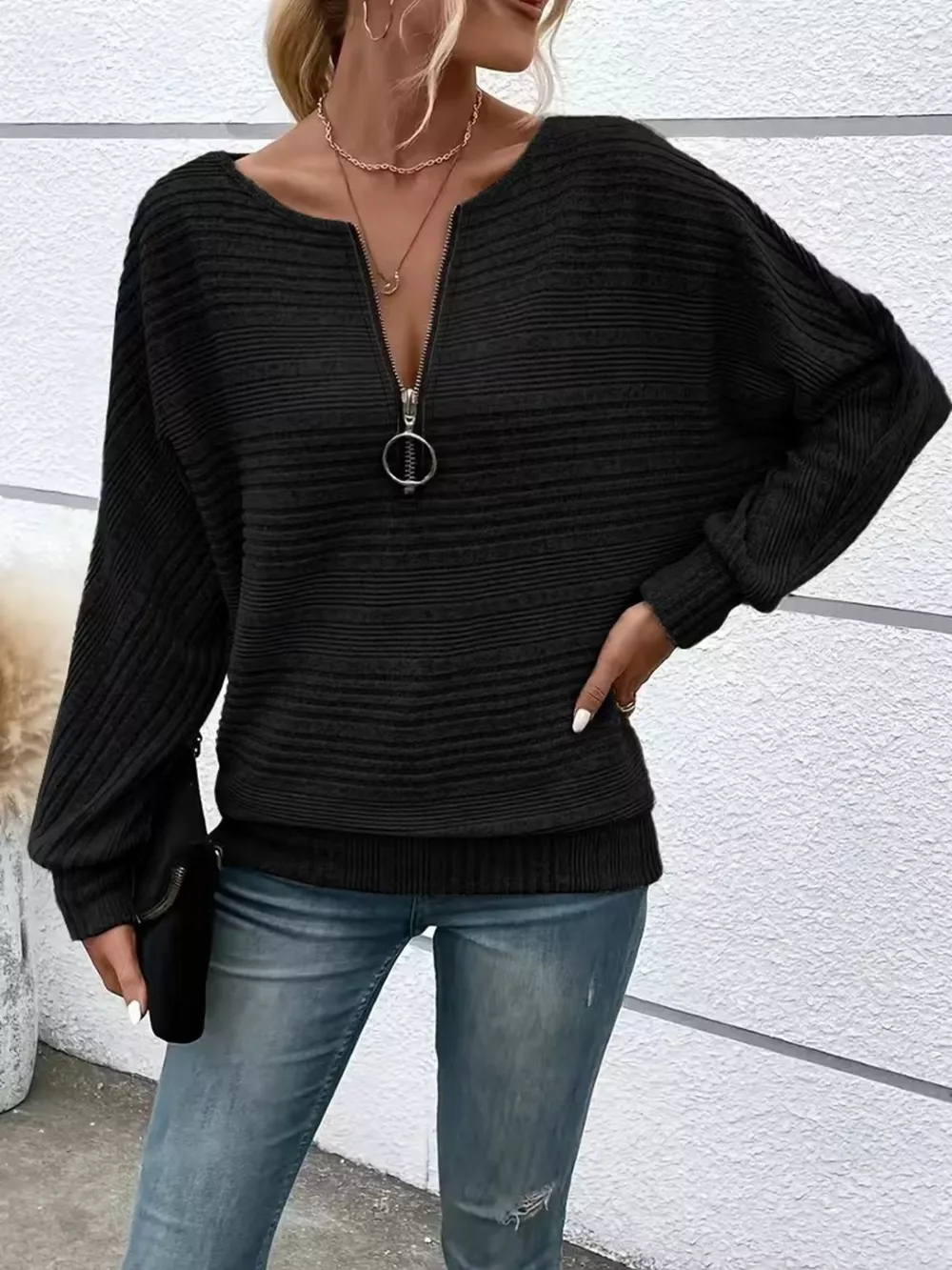 Ribbed Knit Quarter Zip Sweatshirt, image 3