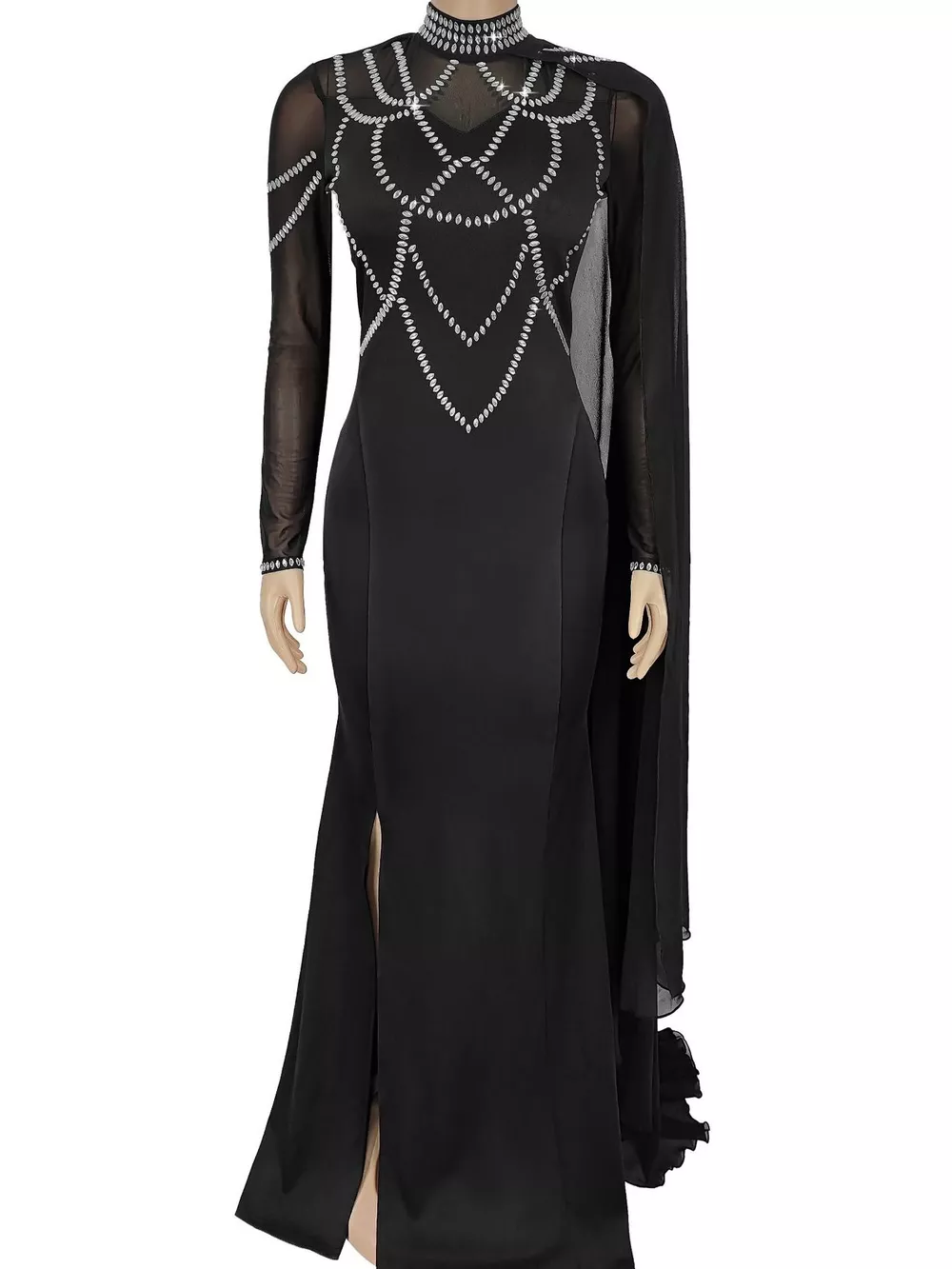 Rhinestone Slit Maxi Dress with Sheer Cape Sleeves, image 5