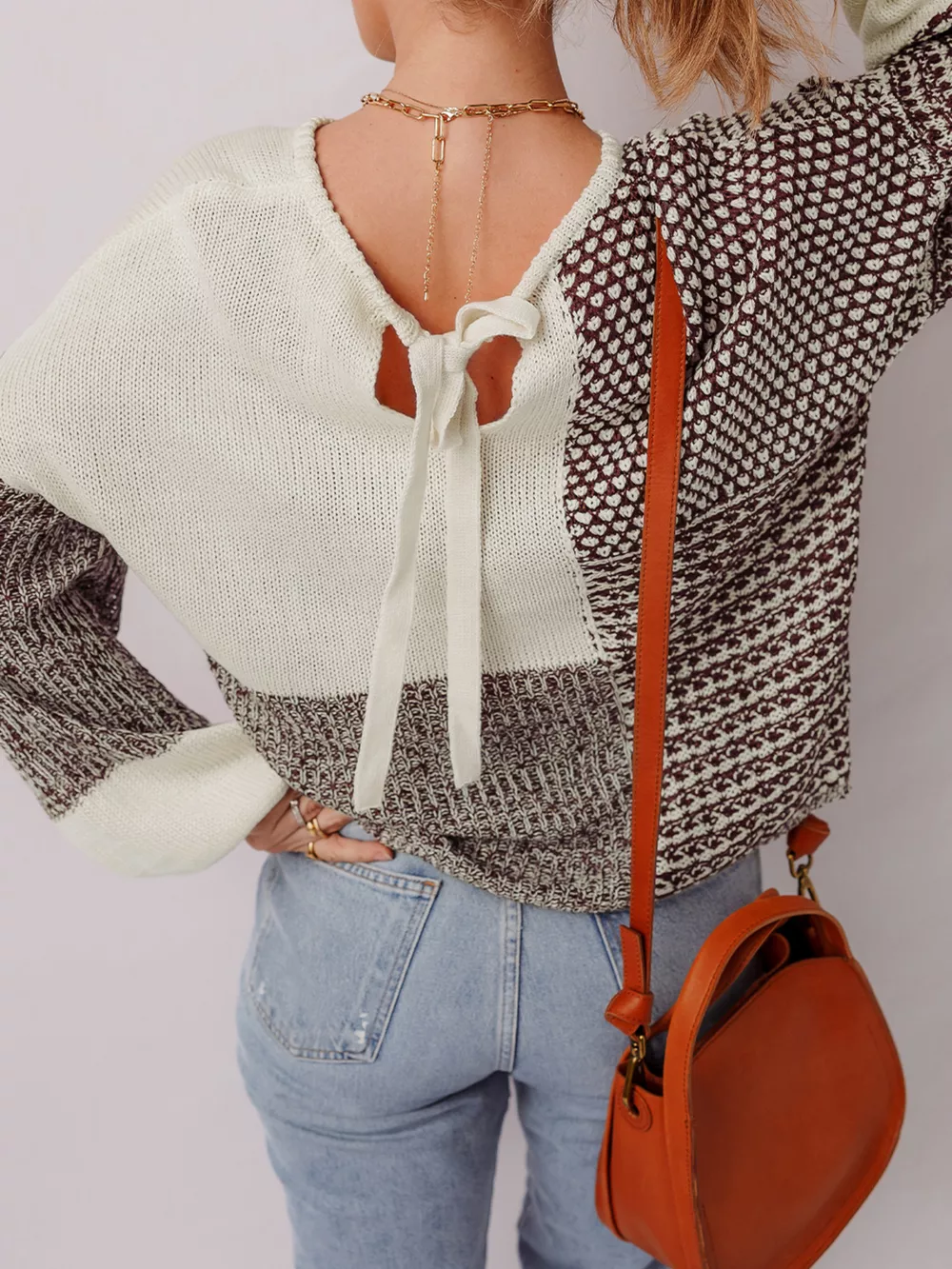 Color Block Back Tie Drop Shoulder Loose Sweater, image 2
