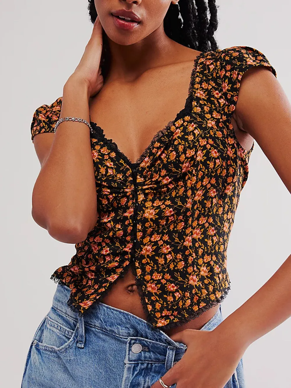 Floral Print Cap Sleeve Cropped Top, image 4