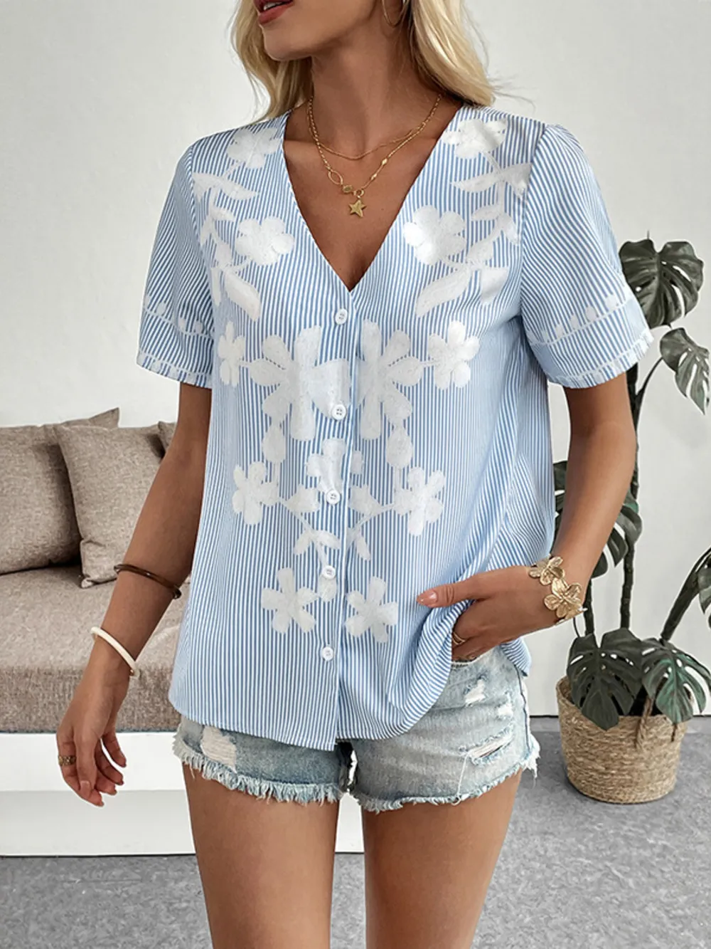 Floral Striped V-Neck Short Sleeve Shirt, image 2