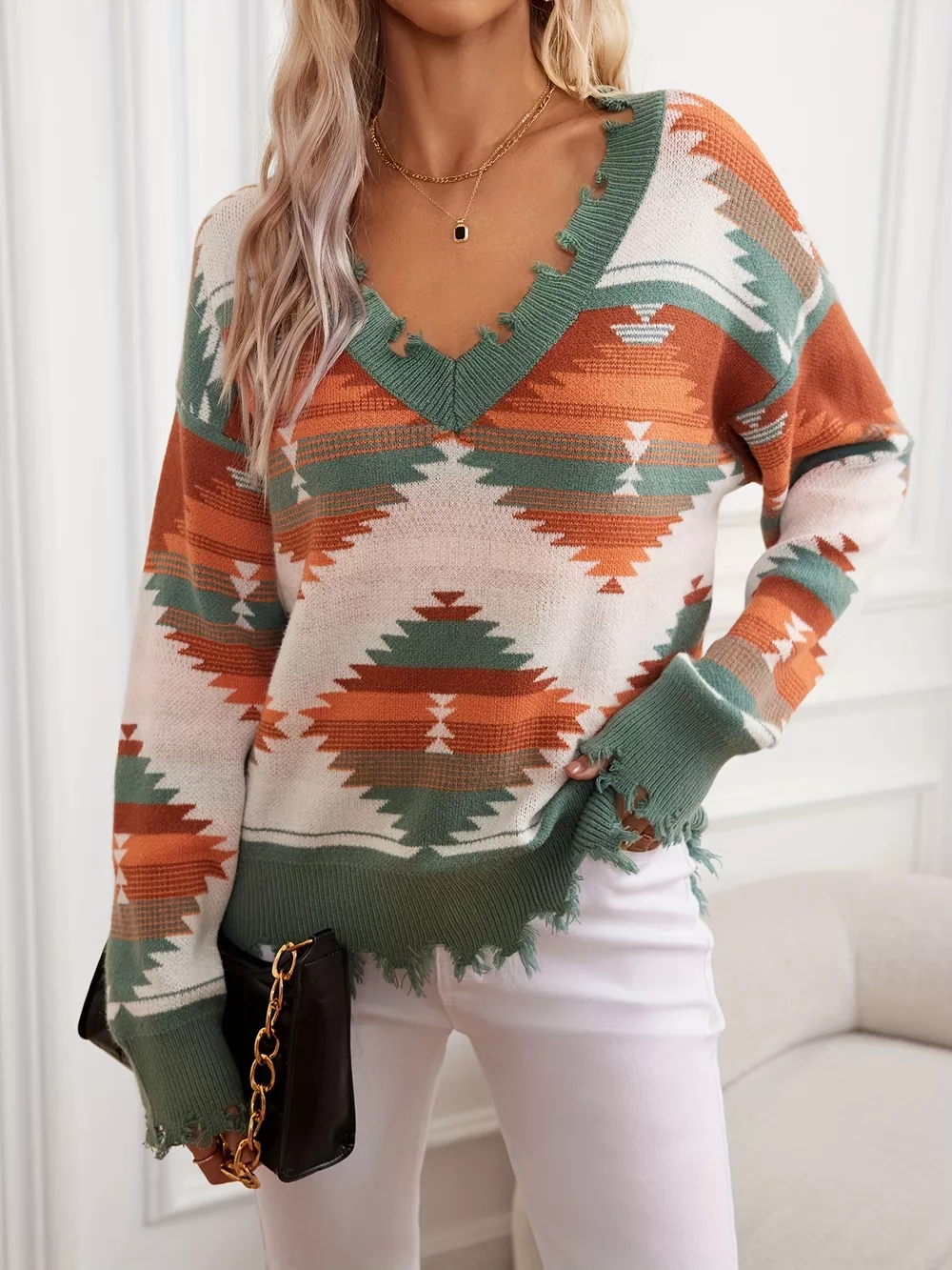 Geometric Frayed Hem V-Neck Long Sleeve Sweater, image 7