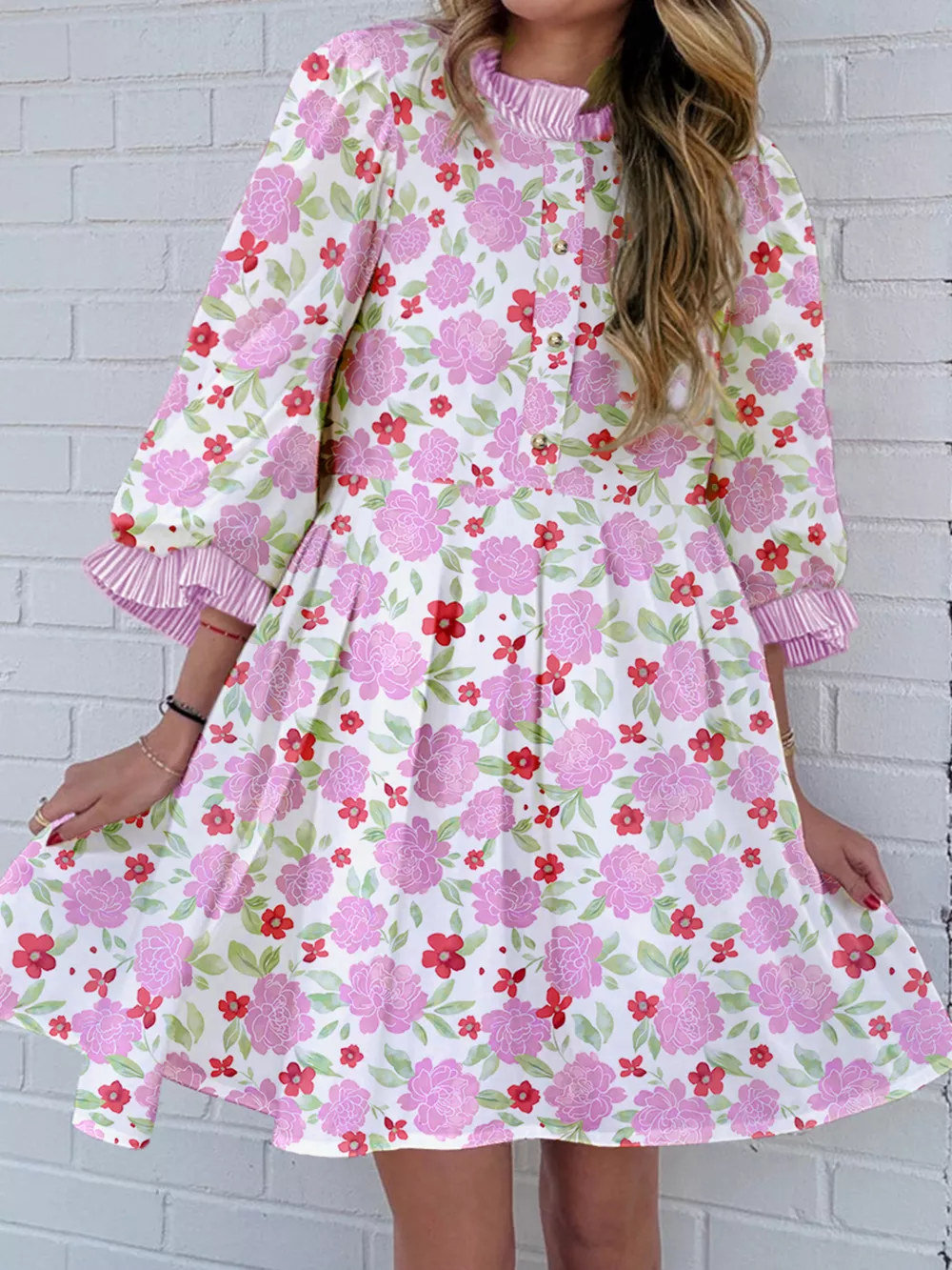 Floral Print Striped Trim Frilled Neck 3/4 Sleeve Flared Mini Dress