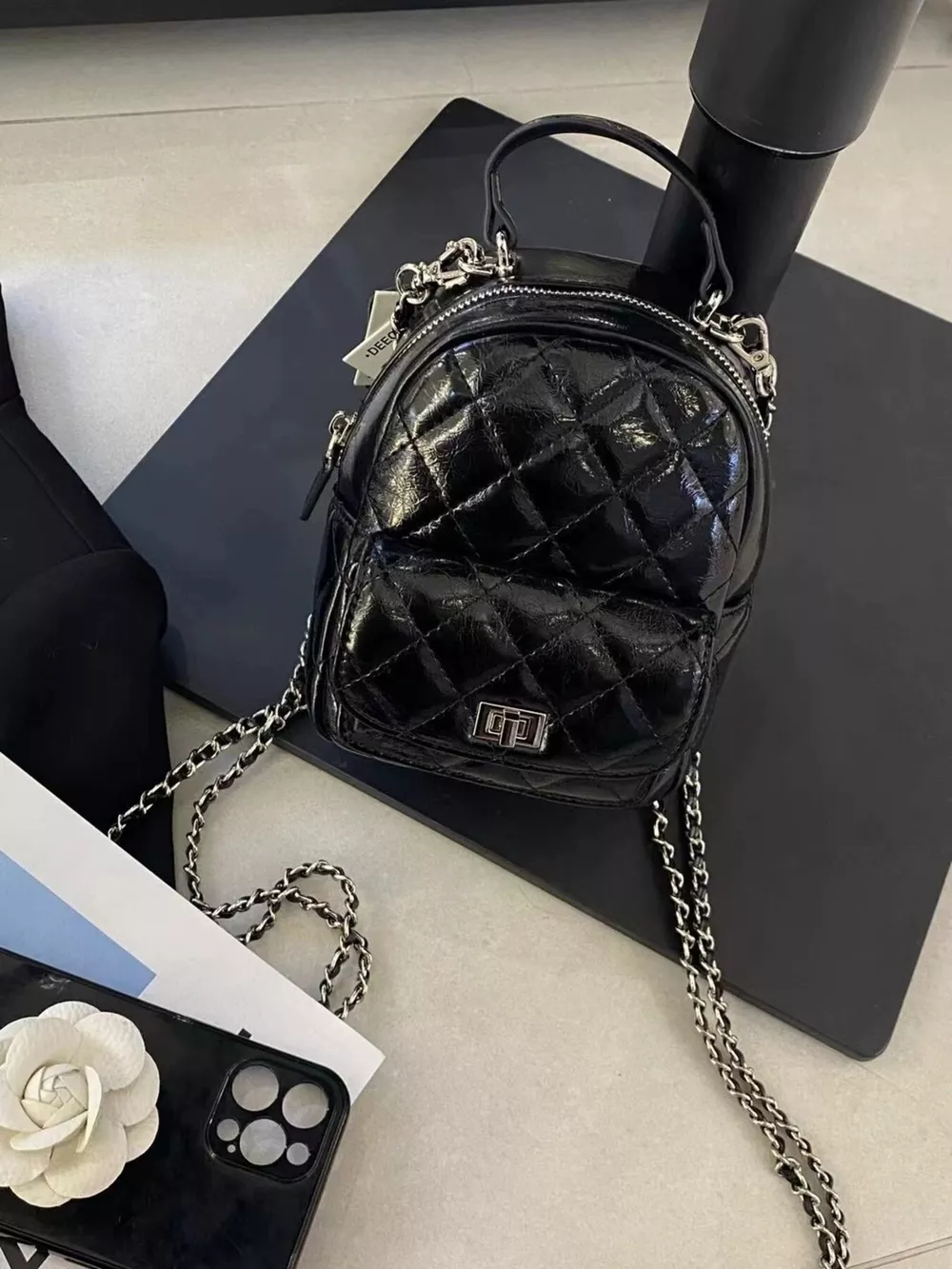 Quilted Metallic and Patent Mini Backpack Bag with Chain Strap, image 5
