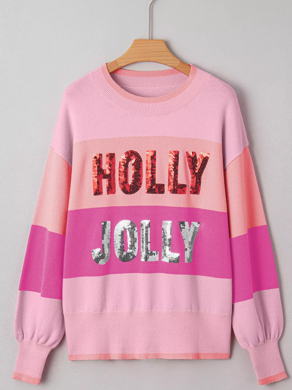 Sequined HOLLY JOLLY Color Block Crew Neck Sweater, image 4