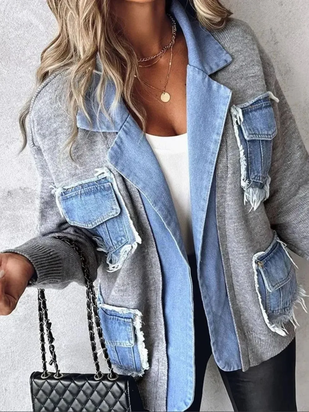 Raw Hem Denim Pocket Patchwork Cardigan, image 3