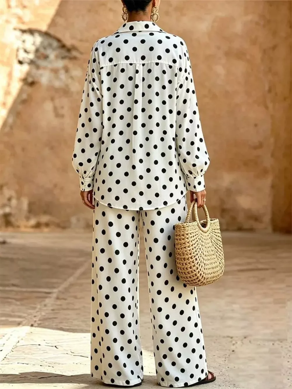 Full Size Polka Dot Shirt and Wide-Leg Pants Set Plus Size, image 2
