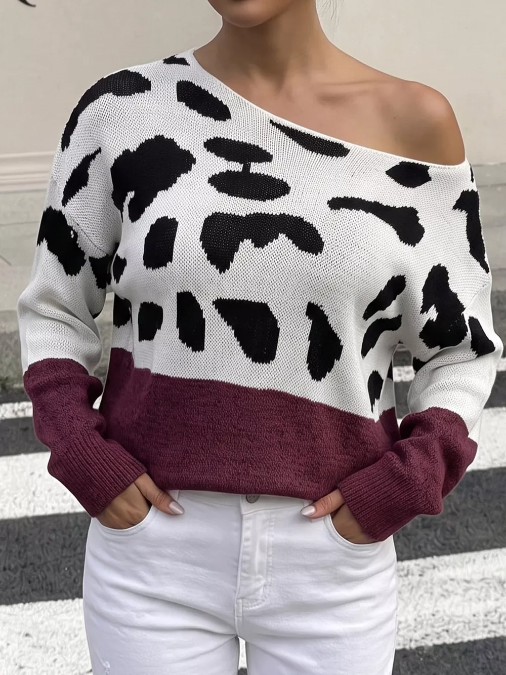 Full Size Off-Shoulder Colorblock Animal Print Sweater Plus Size, image 6