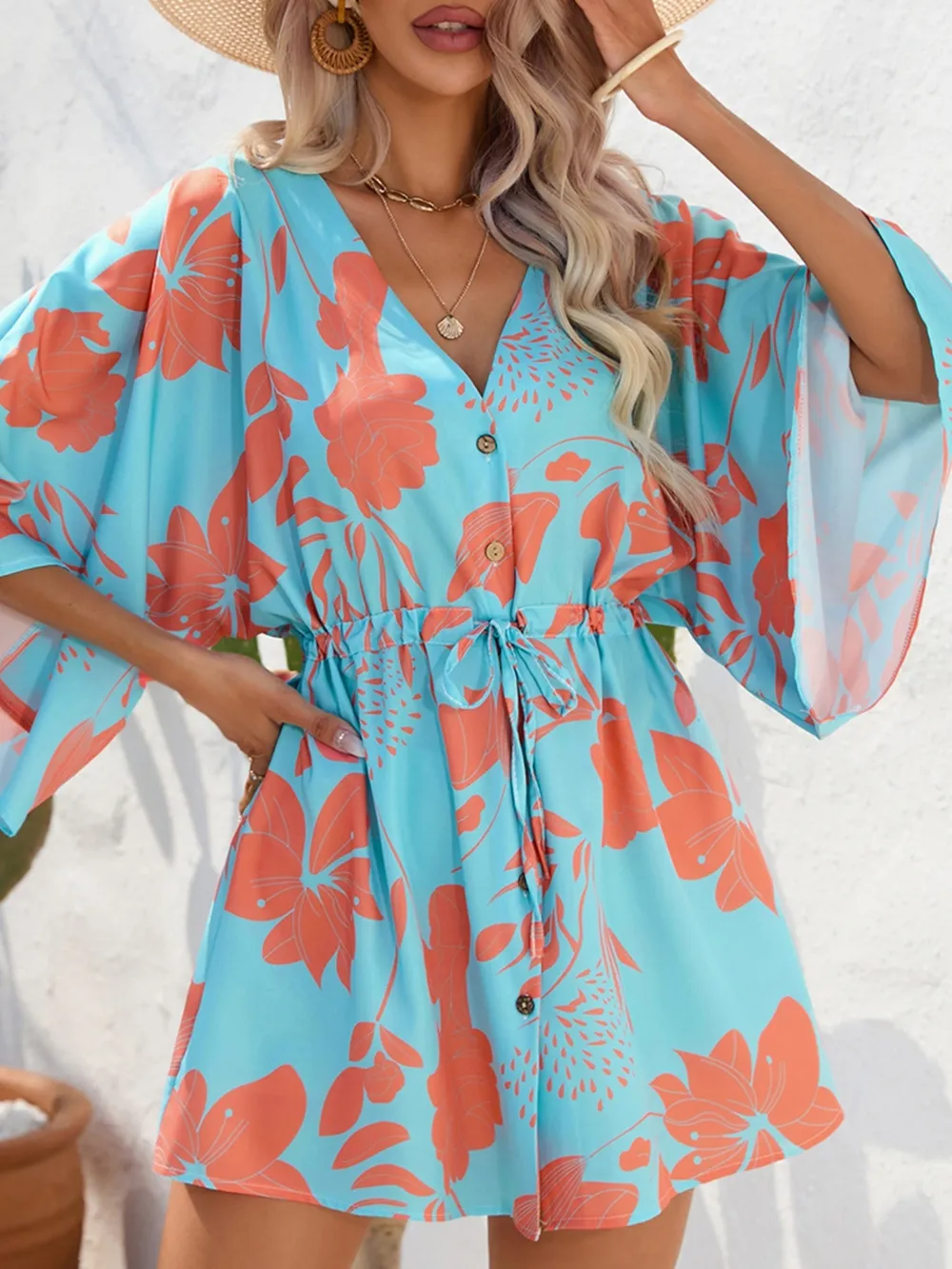 Color Block Drawstring Waist Button Up Dress, image 2
