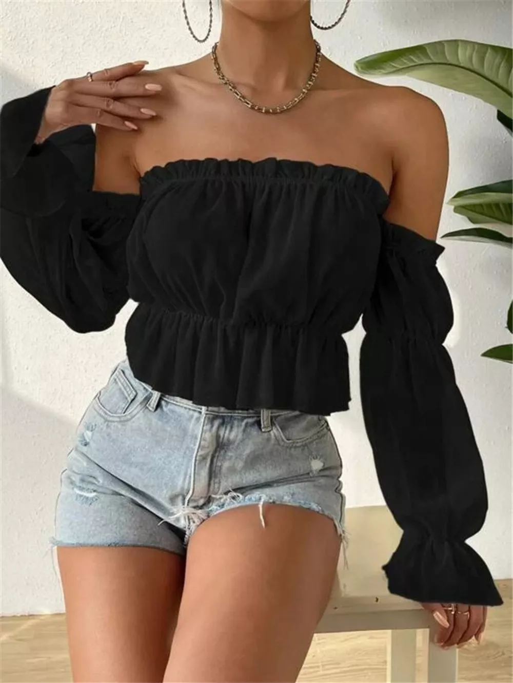 Off-Shoulder Ruffle Trim Sheer Cropped Blouse, image 2