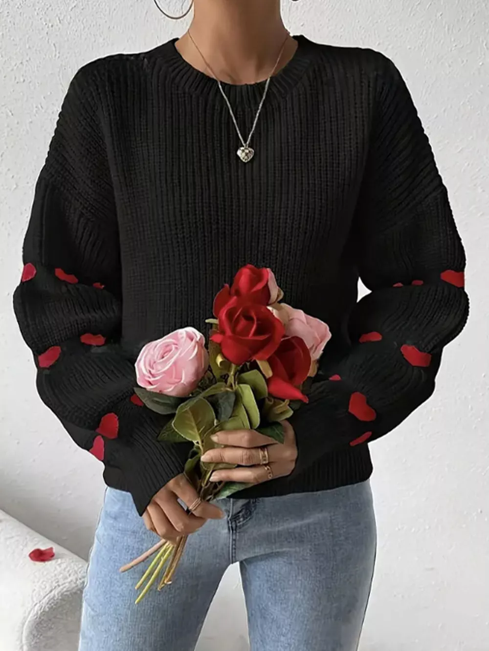 Heart Pattern Dropped Shoulder Sweater, image 5