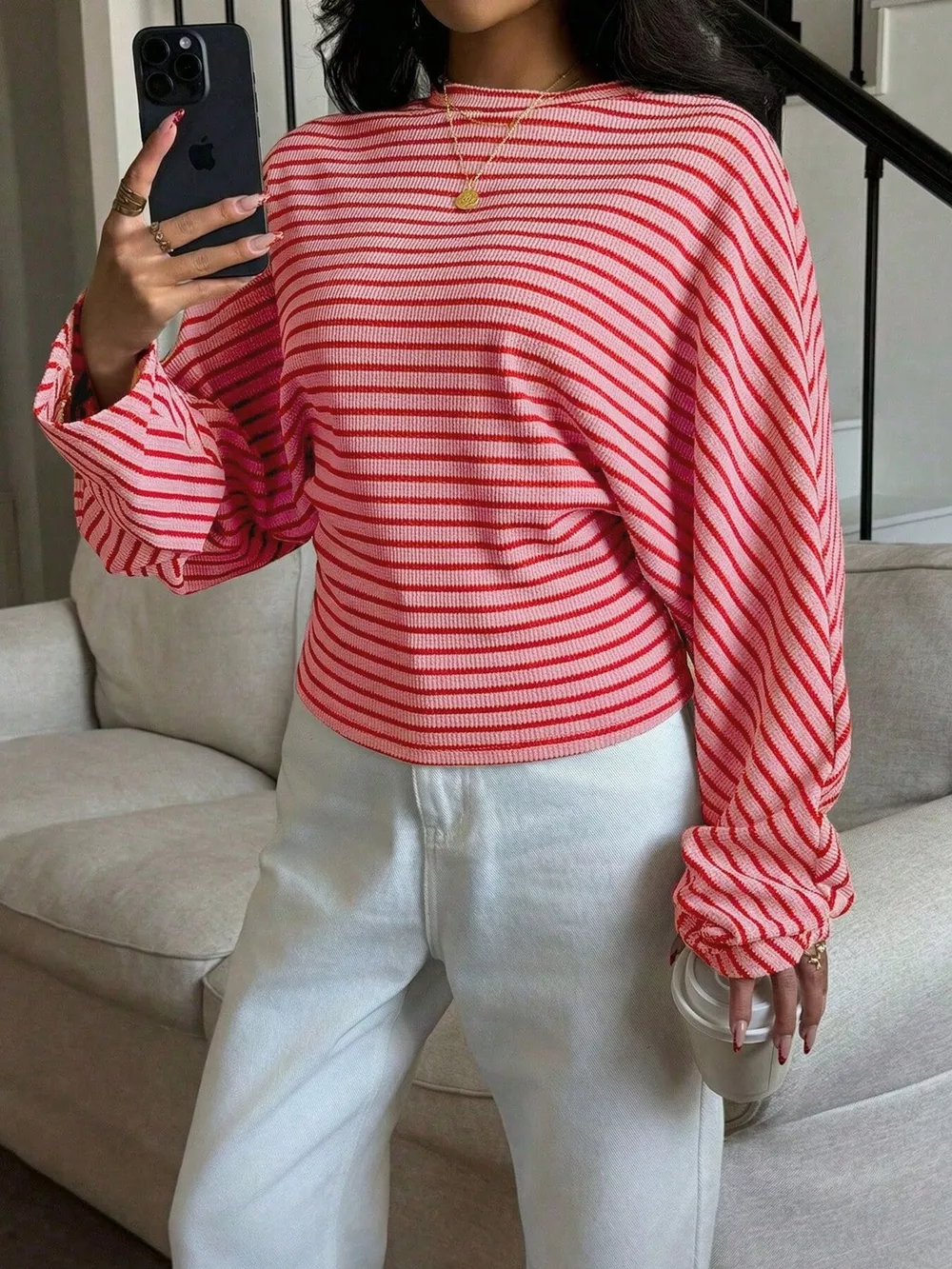 Casual Striped Batwing Sleeve T-Shirt, image 14