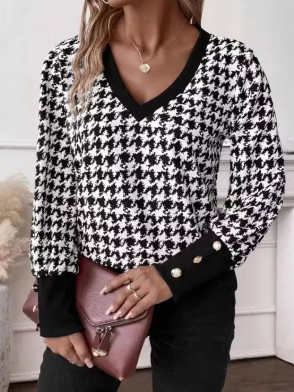 Printed V-Neck Long Sleeve T-Shirt with Button Cuffs, image 6