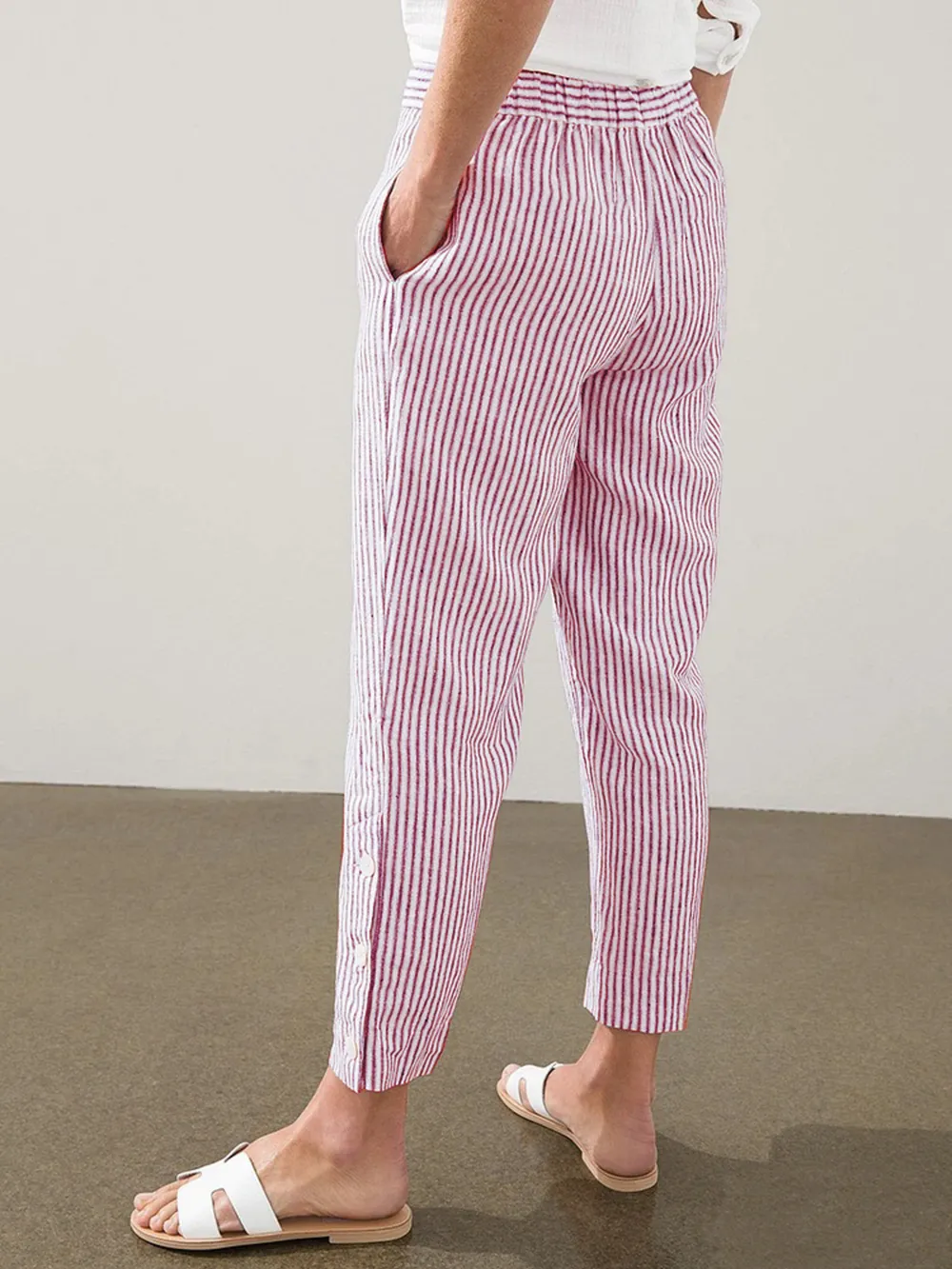 Full Size Striped Side Button Detail Pants Plus Size, image 4