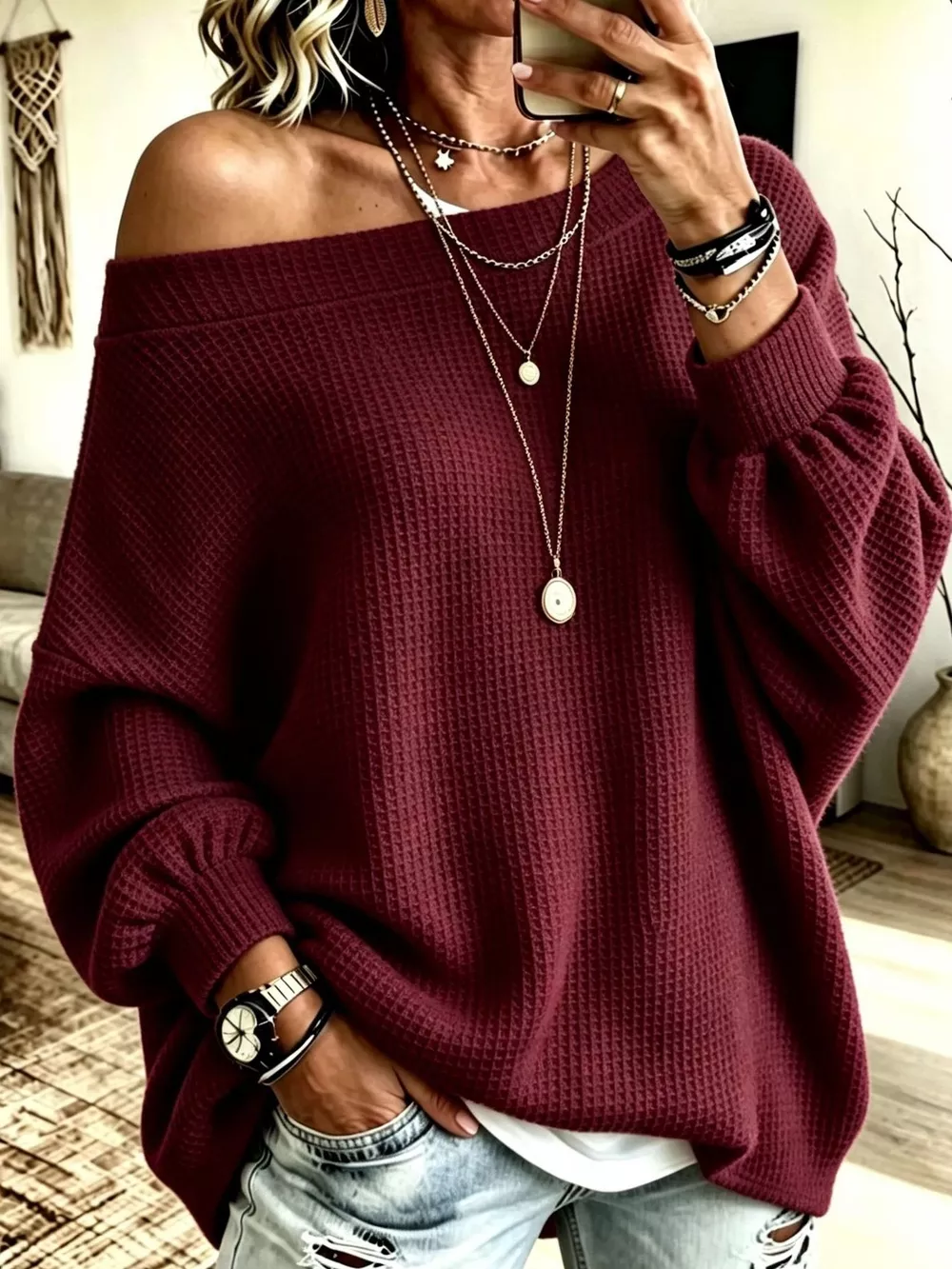 Full Size Waffle Knit Boat Neck Sweatshirt Plus Size, image 16