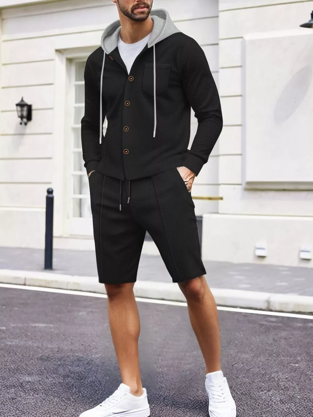 Men's Full Size Casual Hooded Button-Up Top and Shorts Set Plus Size, image 6
