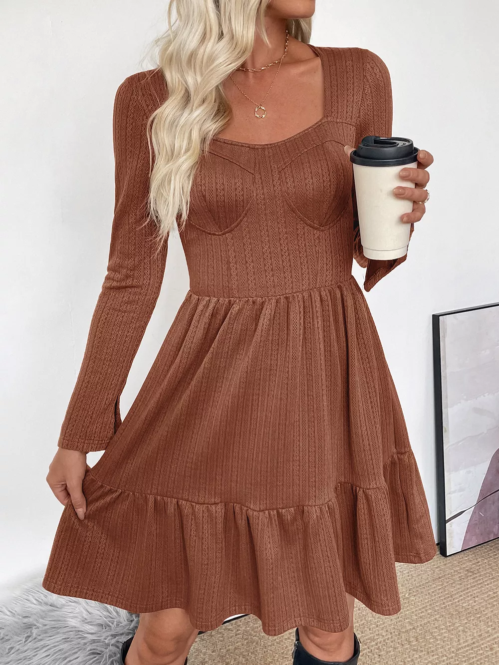 Ruffled Hem Long Sleeve Knit Dress, image 2