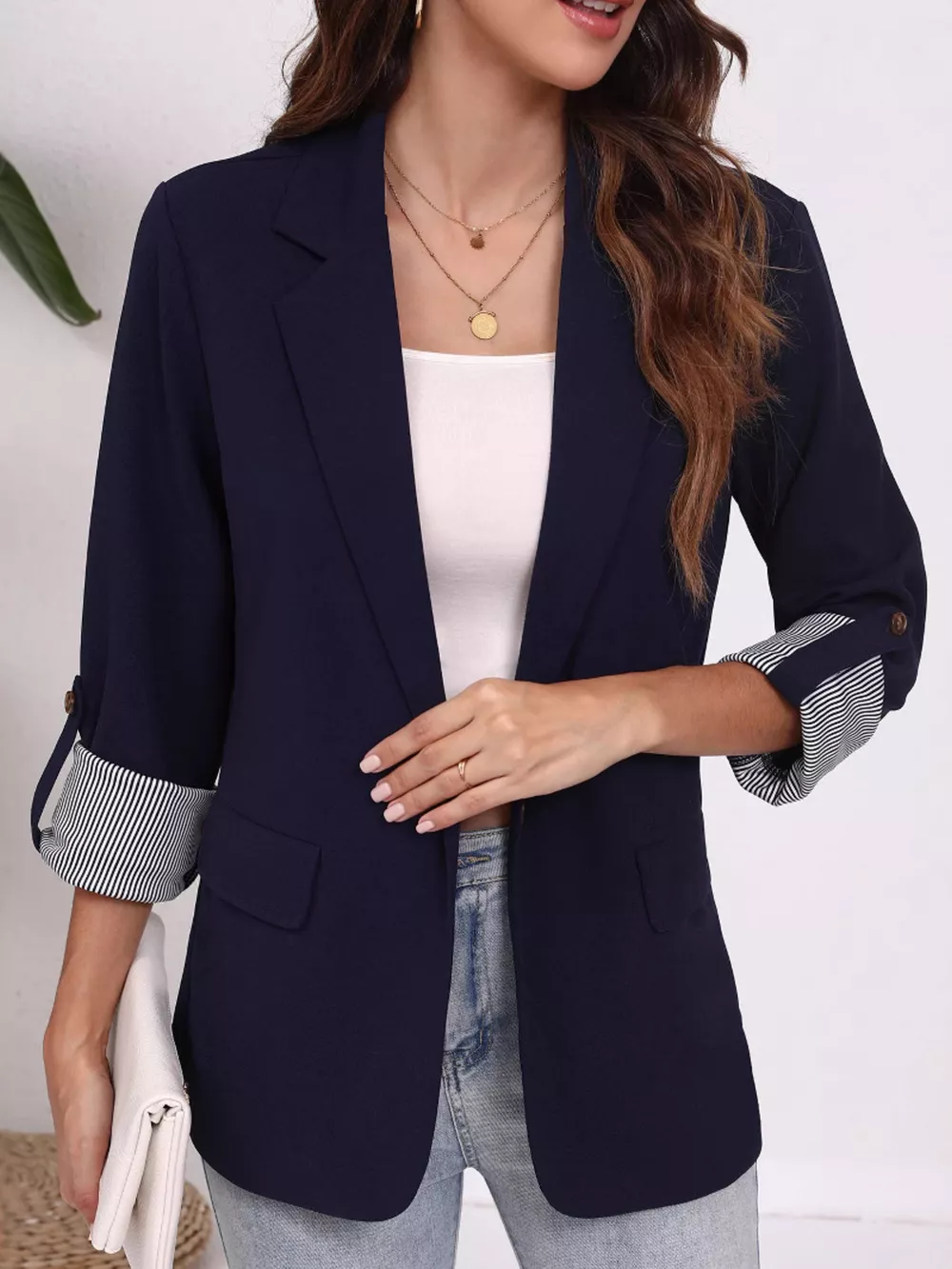 Lapel Collar Roll-Up Sleeve Blazer, image 4