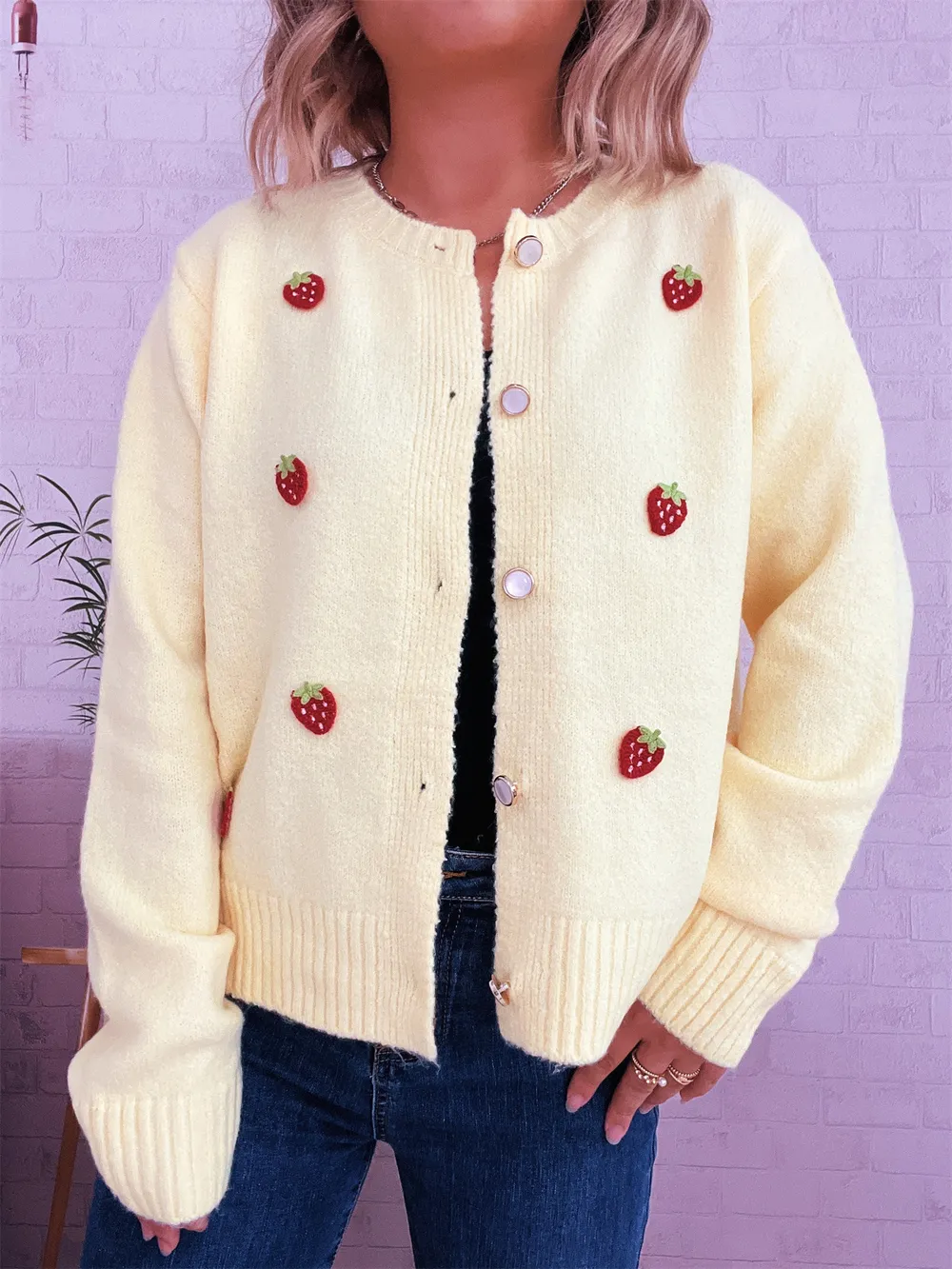 Strawberry Button Up Long Sleeve Cardigan, image 8