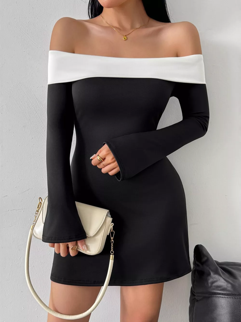 Off-Shoulder Bell Sleeve Mini Dress, image 6