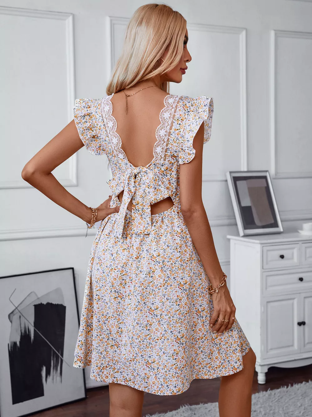 Floral Print Lace Trim Tie Back Mini Dress, image 3
