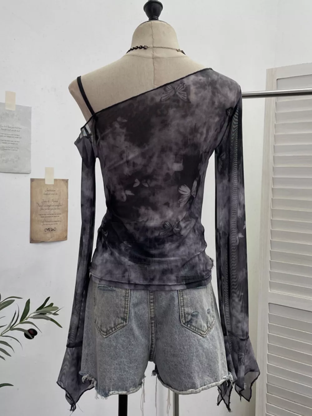 Asymmetrical Neck Denim Patchwork Top, image 11