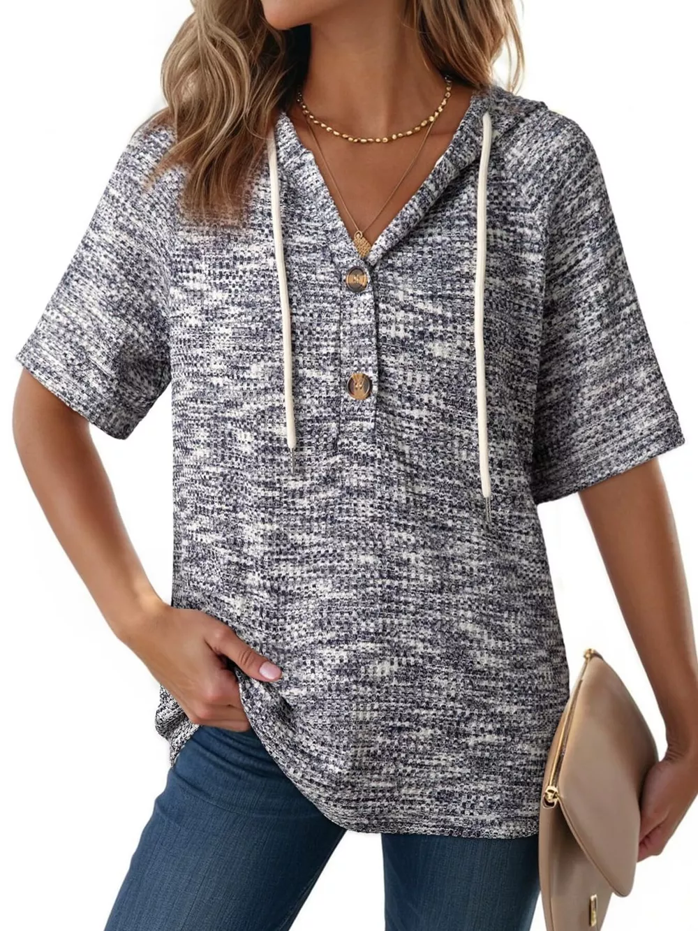 Drawstring Short Sleeve Hooded Top, image 17