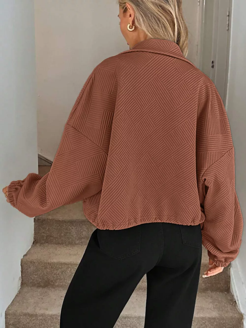 Drawstring Hem Textured Long Sleeve Jacket, image 2