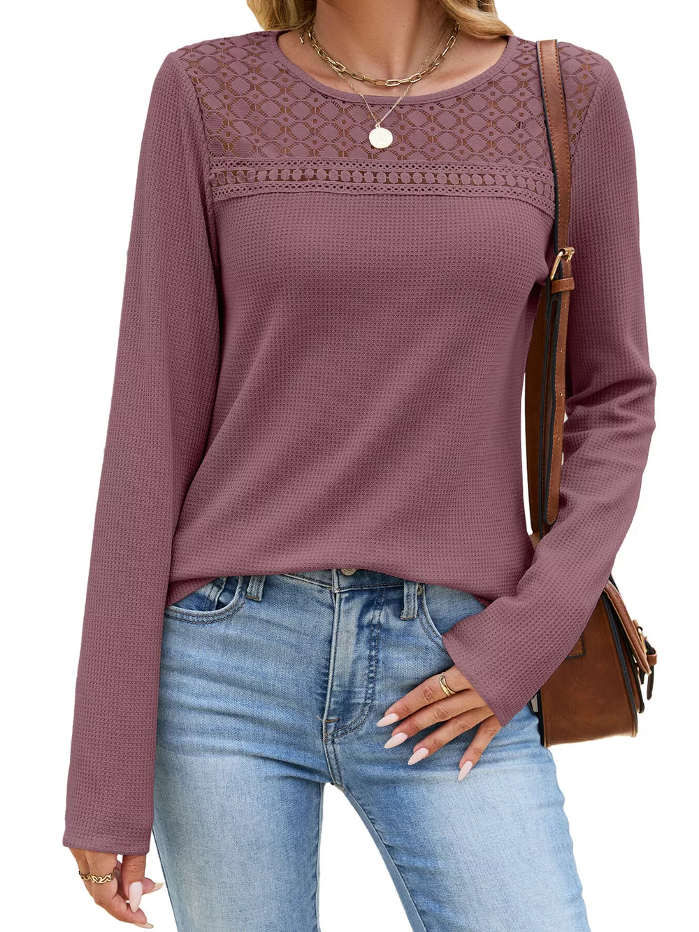 Lace Panel Waffle Knit Long Sleeve T-Shirt, image 11