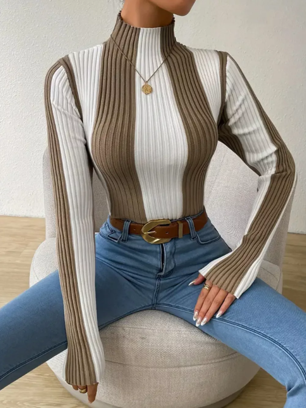 Color Block Turtleneck Ribbed Knit Top, image 4