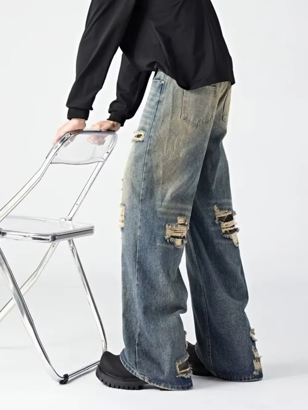 Men's Ripped Wide Leg Jeans, image 5