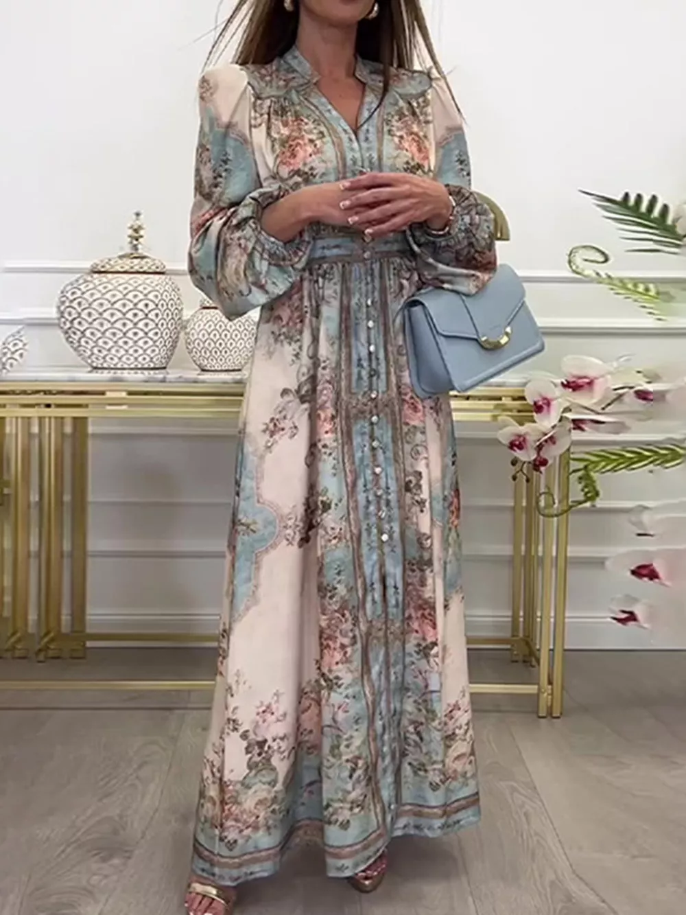 Full Size Floral Print Maxi Dress with Puff Sleeves Plus Size, image 3