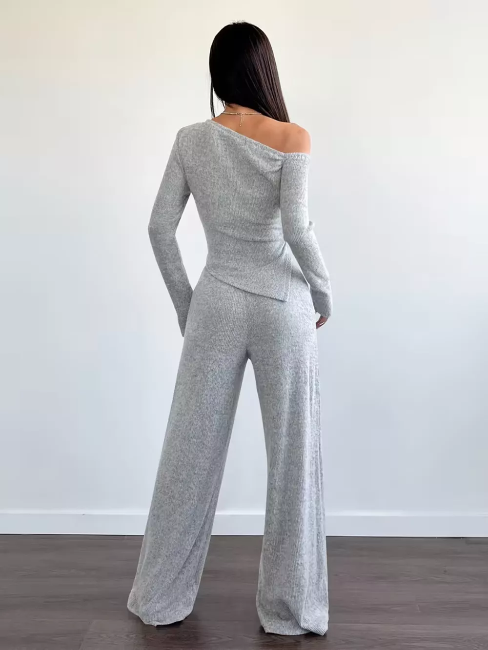 Chic One-Shoulder Asymmetrical Top and Wide-Leg Pants Set, image 9
