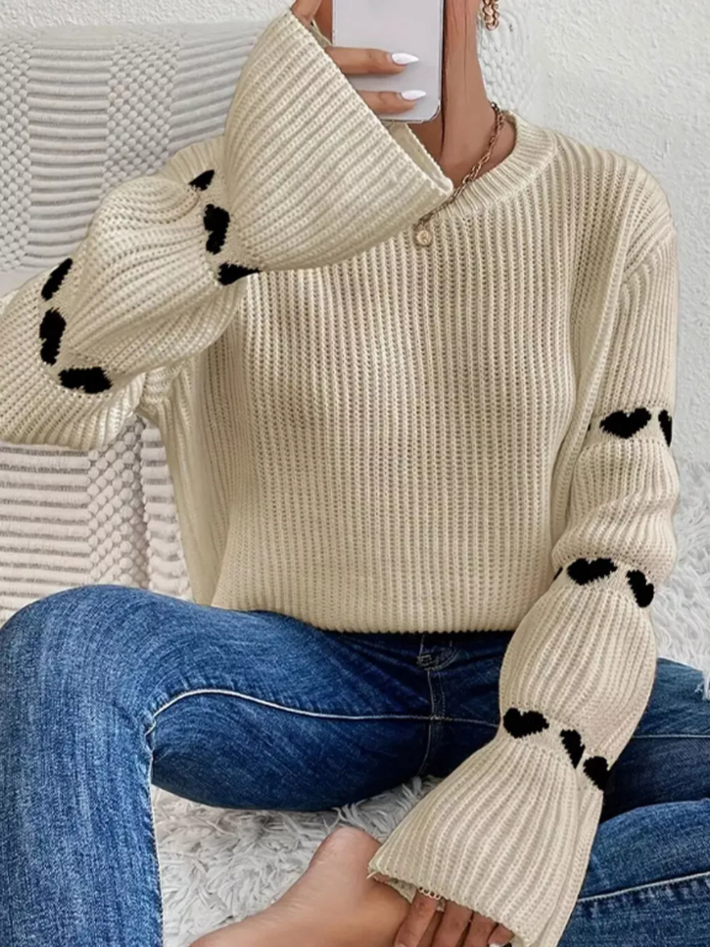 Heart Pattern Dropped Shoulder Sweater, image 9