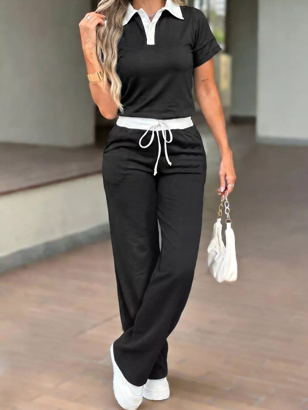Contrast Polo Collar Top and Pants Set, image 2