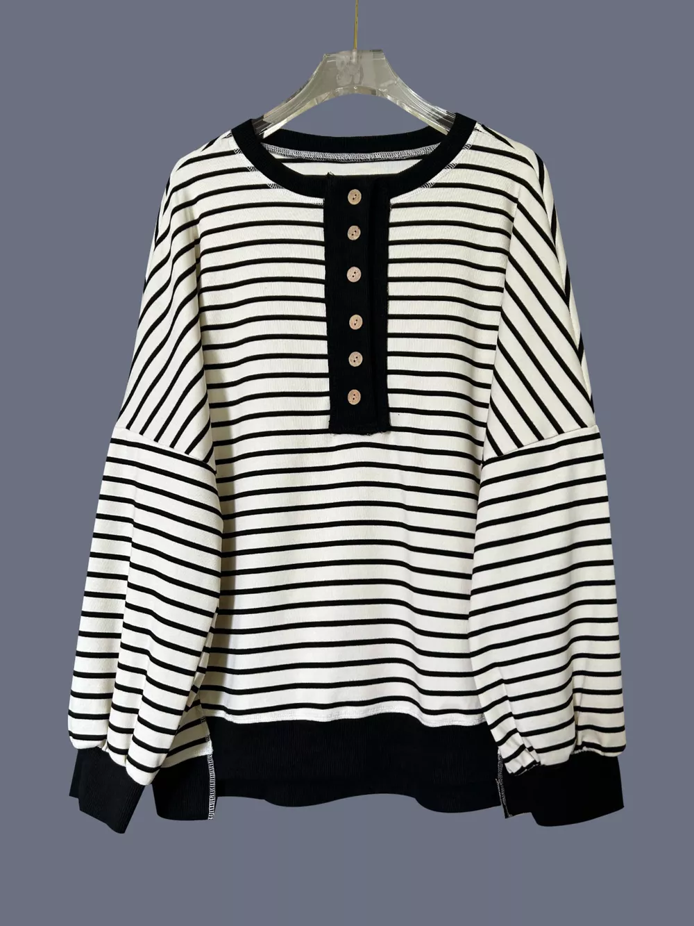 Striped Button Detail Casual Sweatshirt, image 4