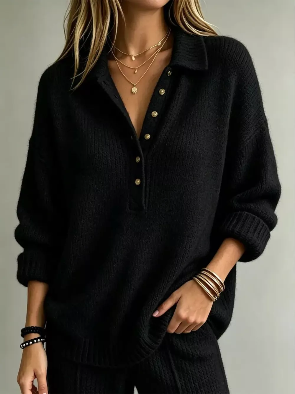 Full Size Button Detail Dropped Shoulder Sweater Plus Size, image 3