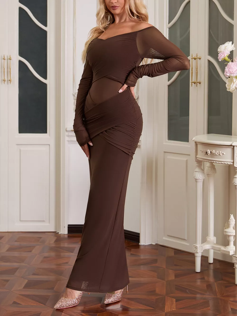 Off-Shoulder Ruched Mesh Long Sleeve Maxi Dress, image 7