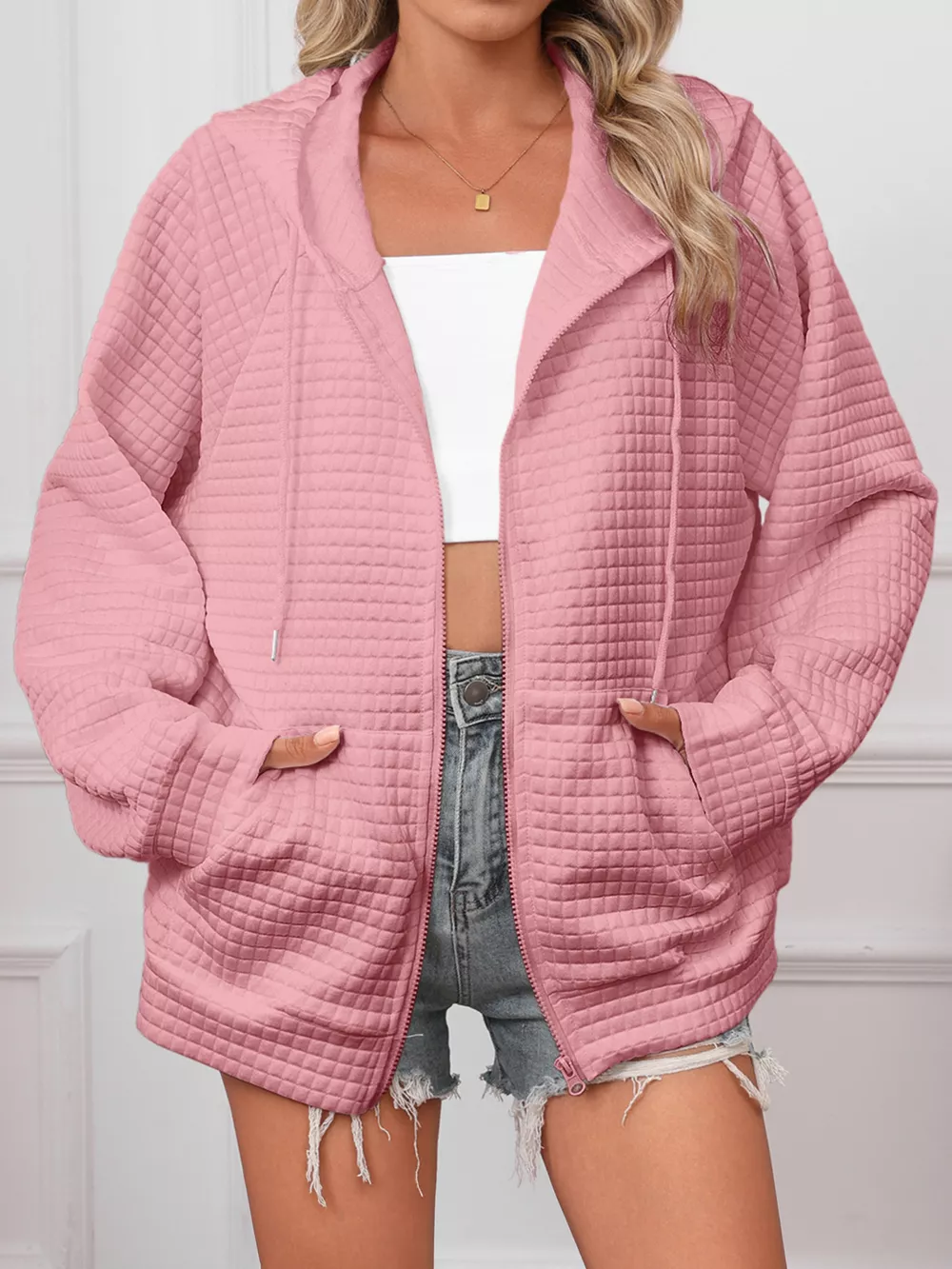Full Size Textured Quilted Zip-Up Hooded Jacket Plus Size, image 7