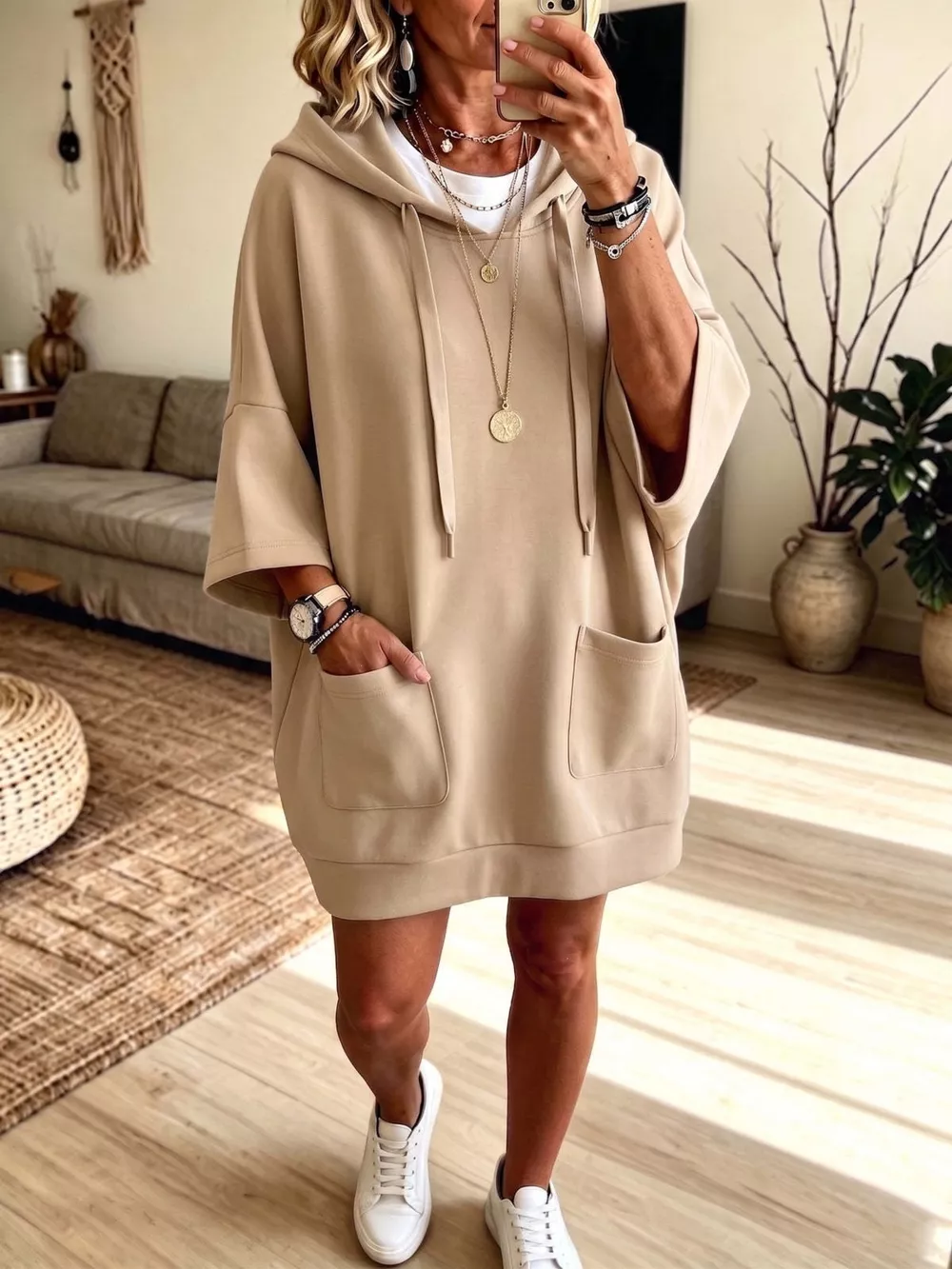 Drawstring Hoodie Dress with Pockets, image 5