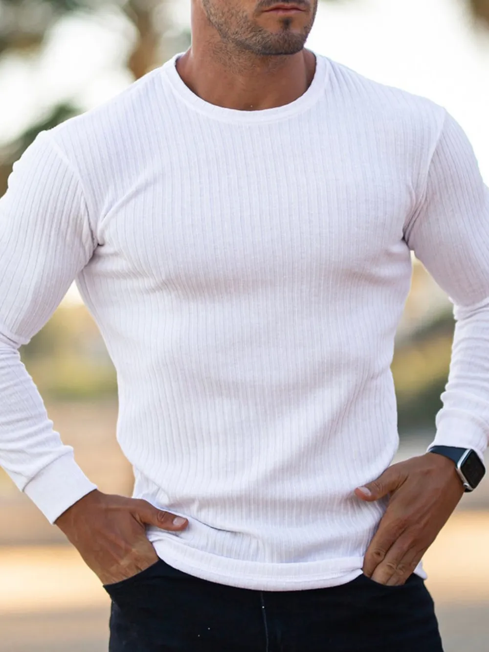 Men's Ribbed Round Neck Long Sleeve T-Shirt, image 2