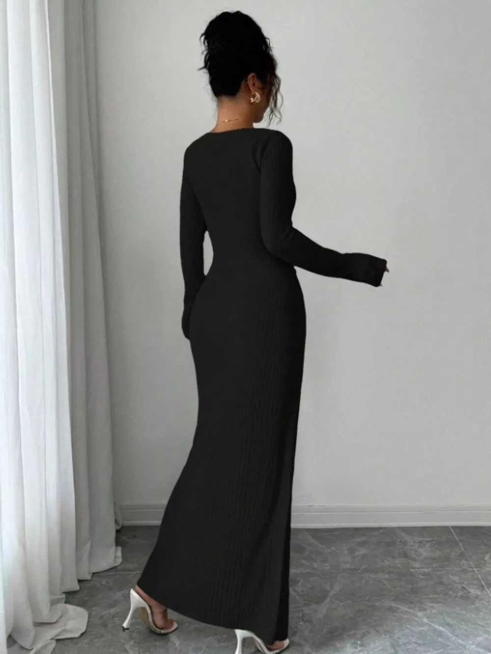 Slit Asymmetrical Neck Ribbed Maxi Dress, image 8