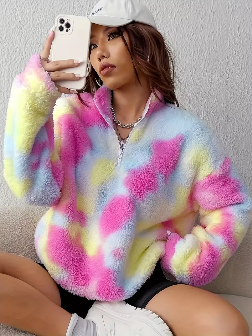 Tie-Dye Fuzzy Quarter Zip Sweatshirt, image 3