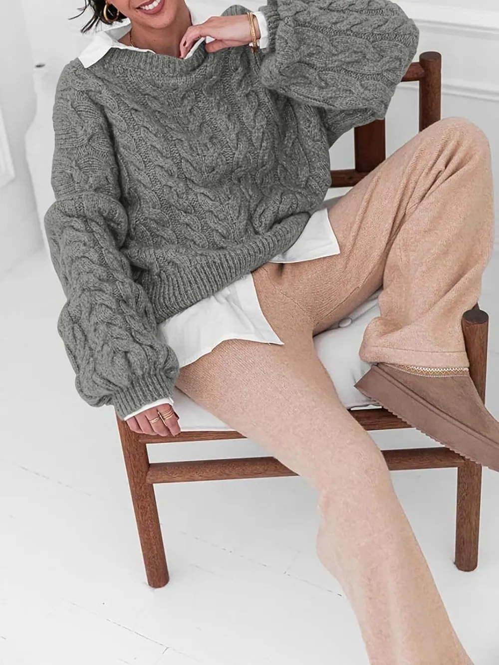 Cable Knit Long Sleeve Sweater, image 16