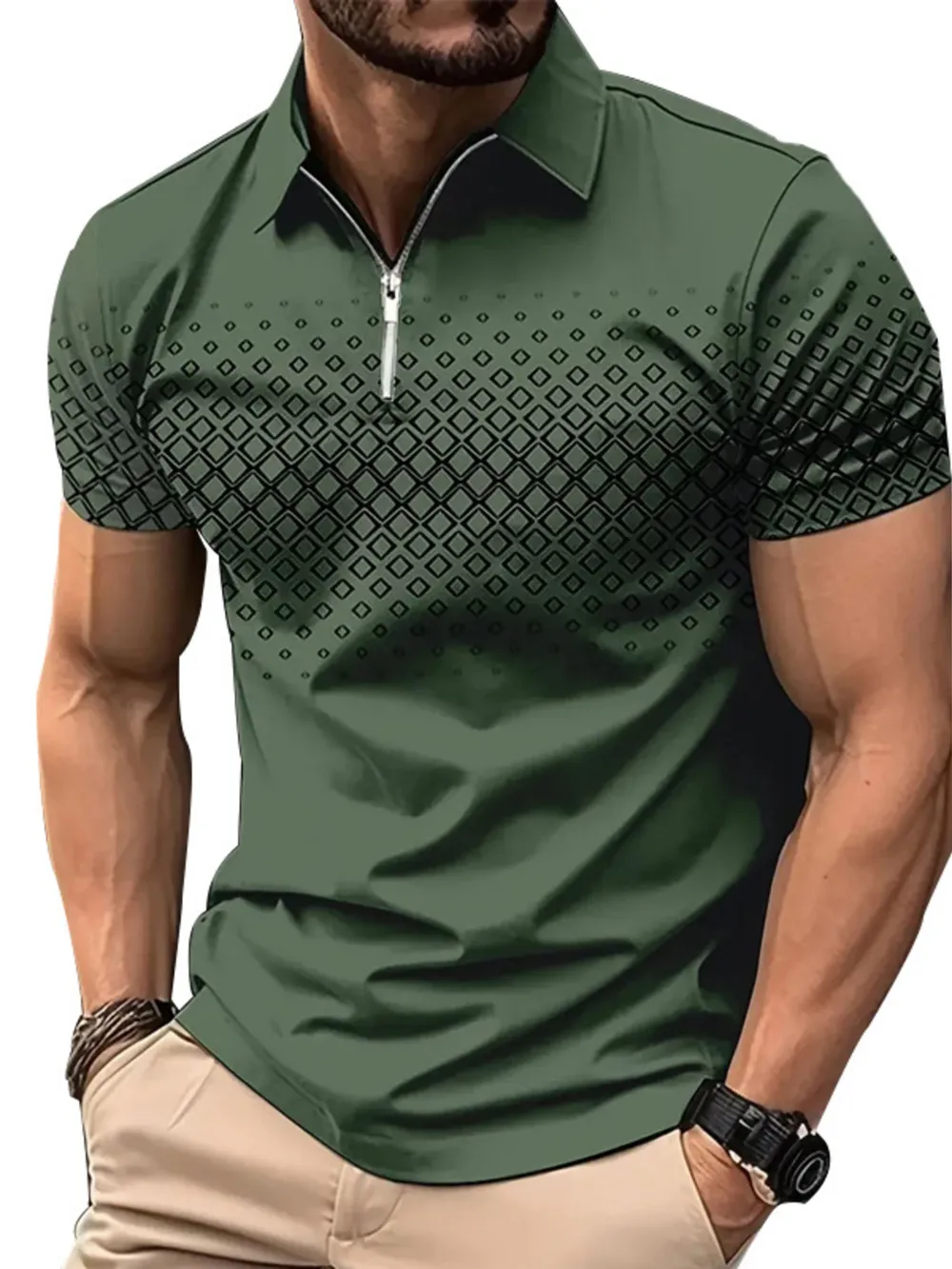 Men's Full Size Diamond Print Short Sleeve Polo Plus Size