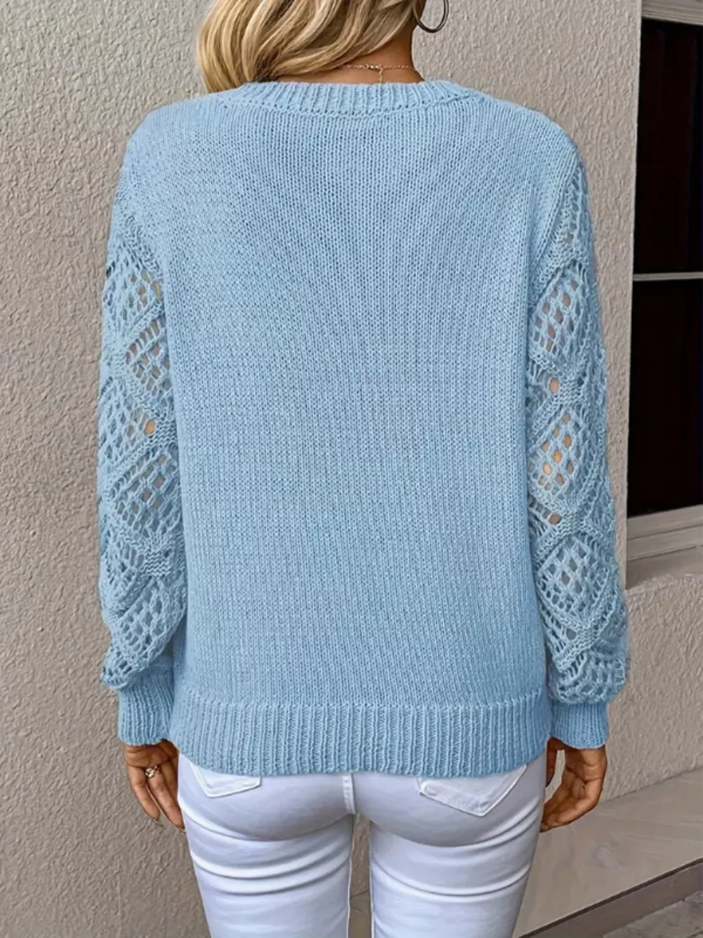 Openwork V-Neck Long Sleeve Sweater, image 2