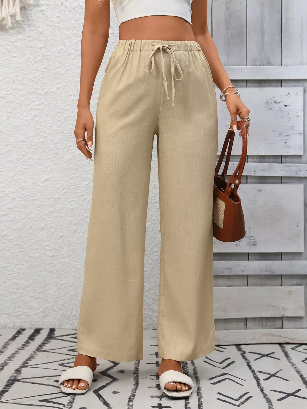 Drawstring High Waist Wide Leg Pants, image 3